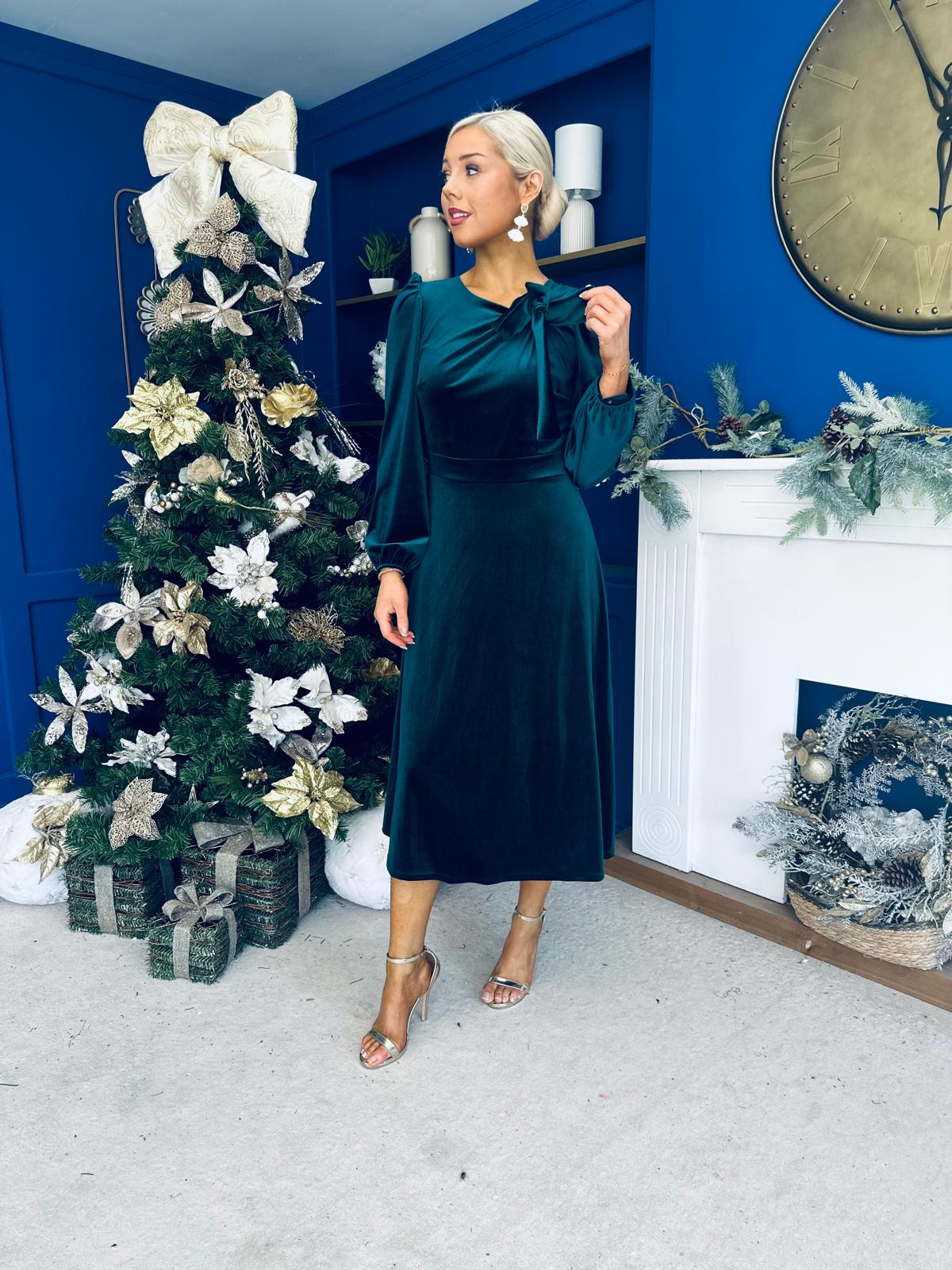 Lindsey Bow Detail Velvet Occasion Dress Forest