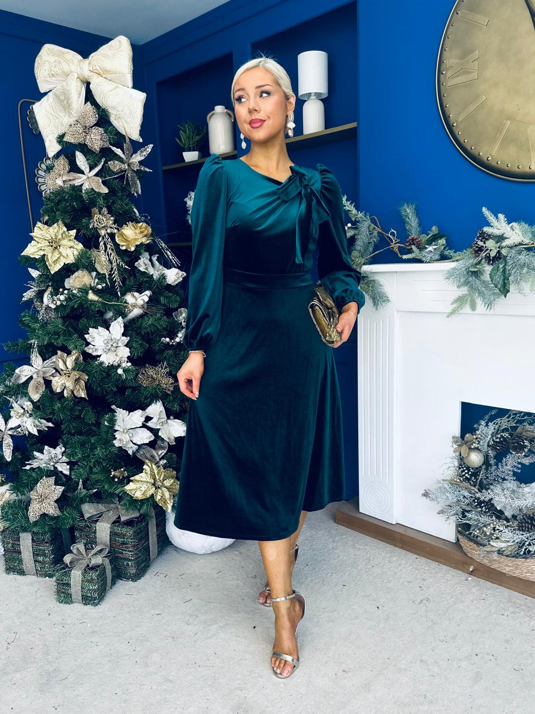 Lindsey Bow Detail Velvet Occasion Dress Forest