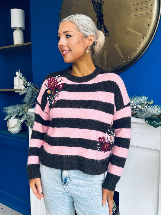 Roxy Embroidered Jumper Choc & Pink