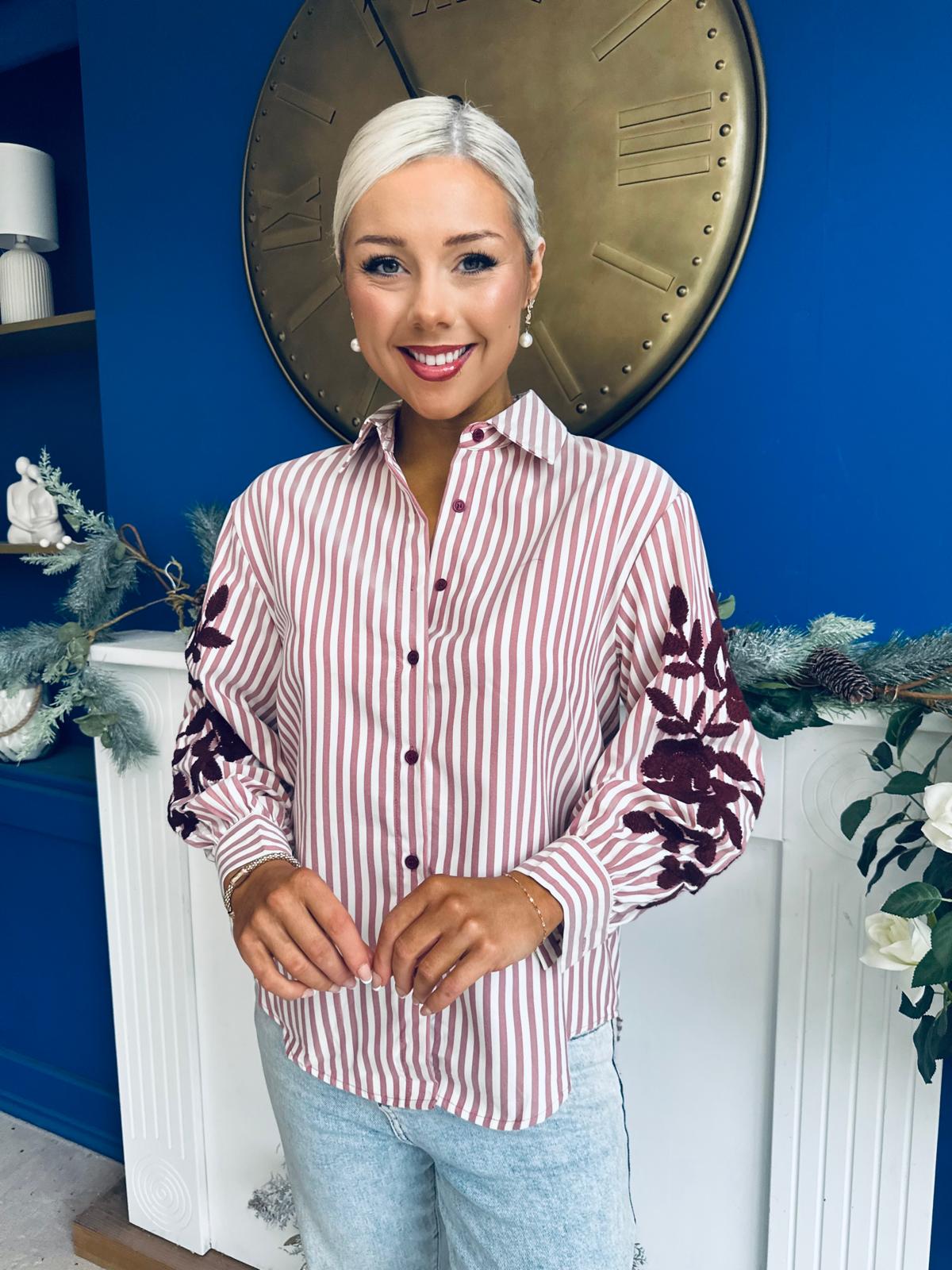 Mabel Embroidered Pinstripe Shirt Burgundy
