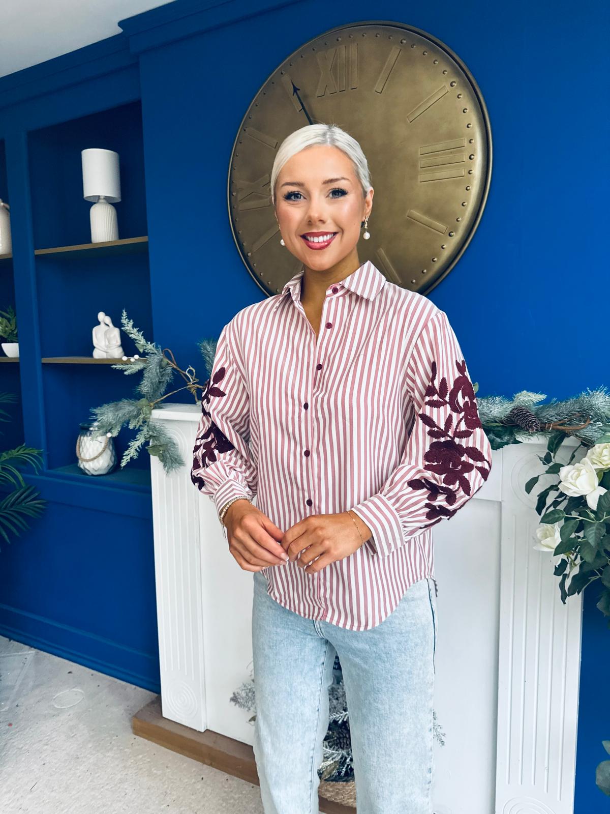 Mabel Embroidered Pinstripe Shirt Burgundy