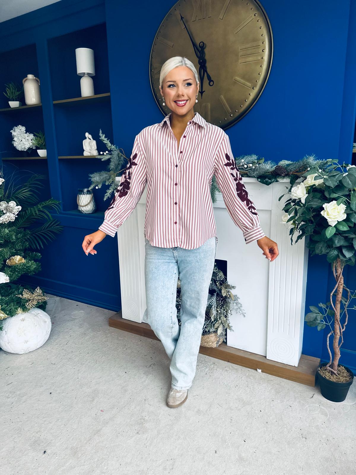 Mabel Embroidered Pinstripe Shirt Burgundy