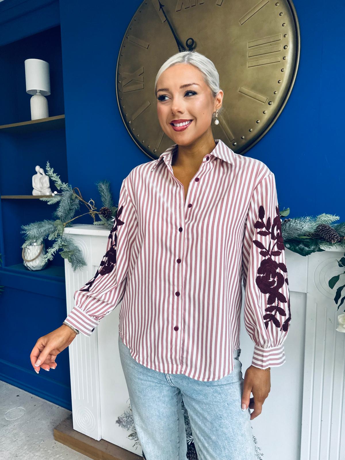 Mabel Embroidered Pinstripe Shirt Burgundy