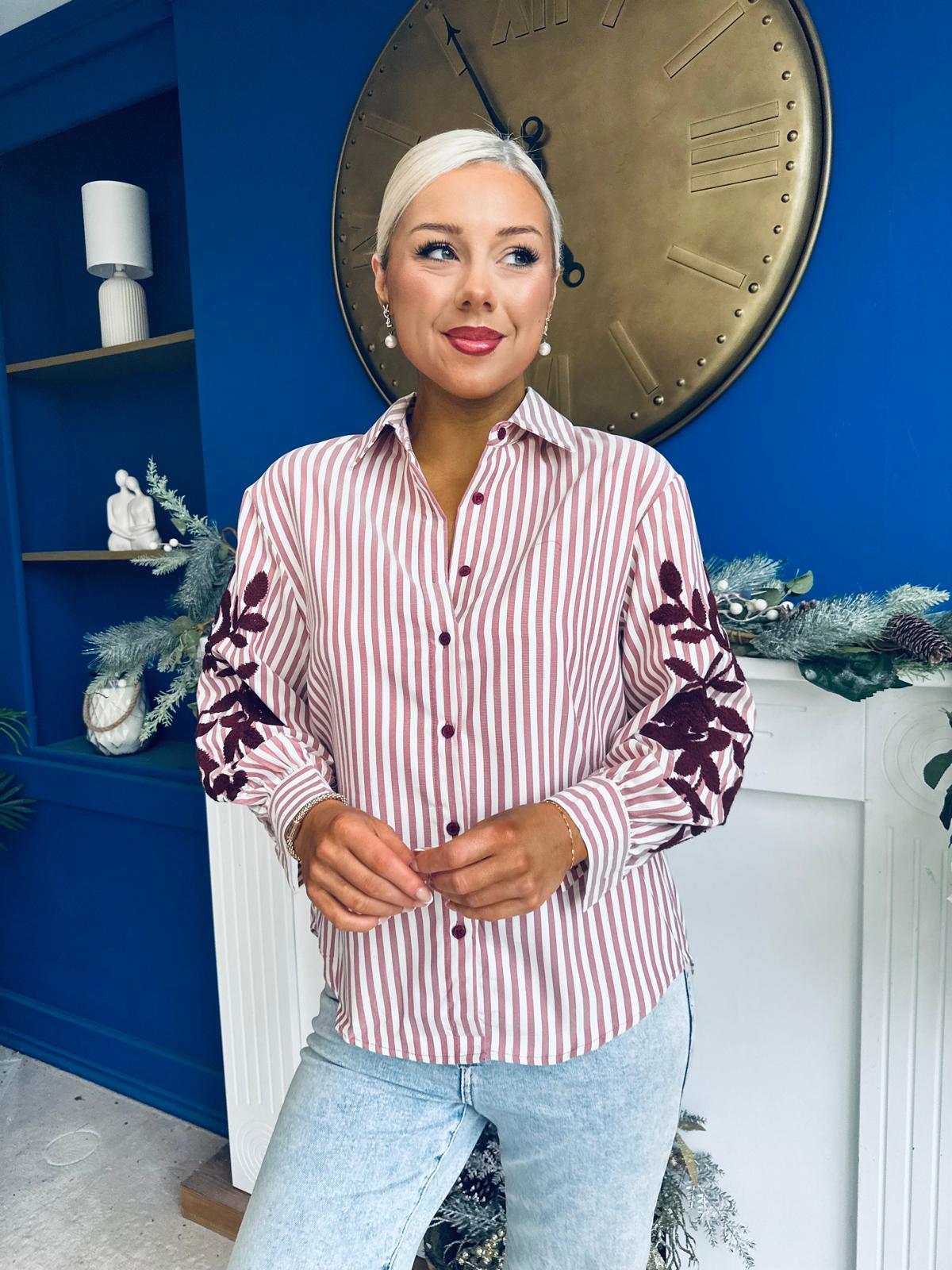 Mabel Embroidered Pinstripe Shirt Burgundy