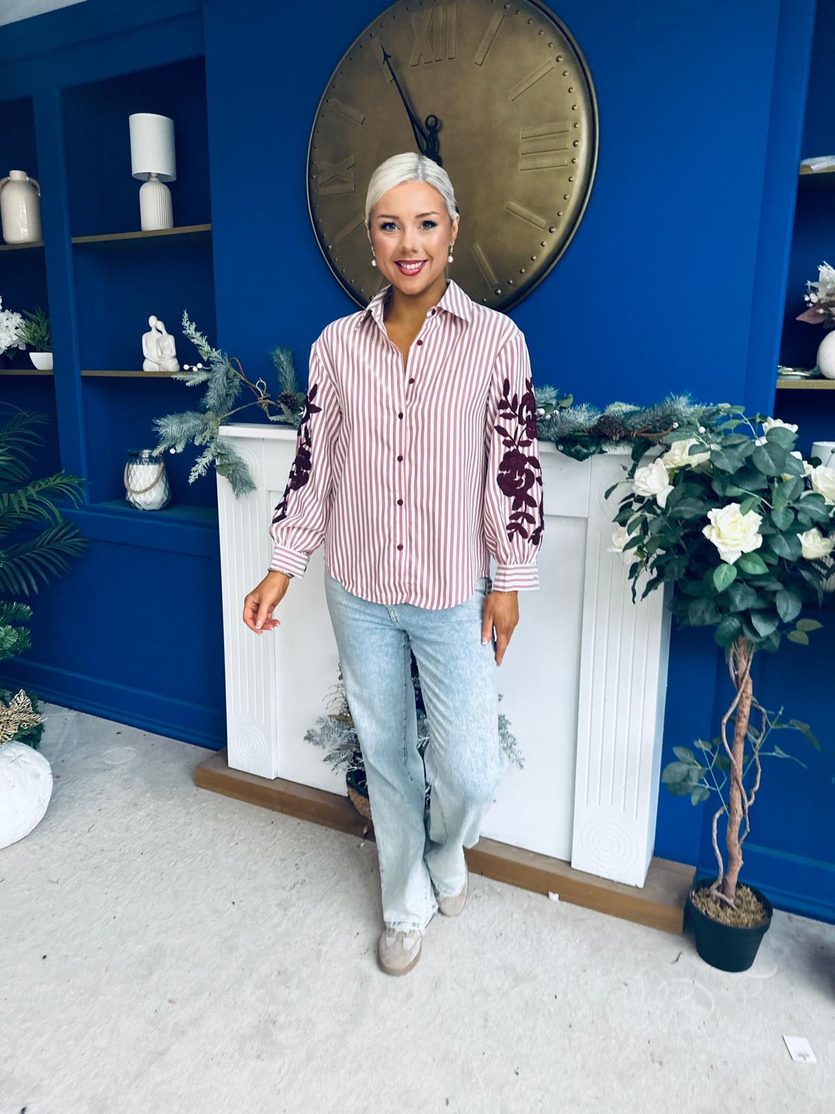 Mabel Embroidered Pinstripe Shirt Burgundy