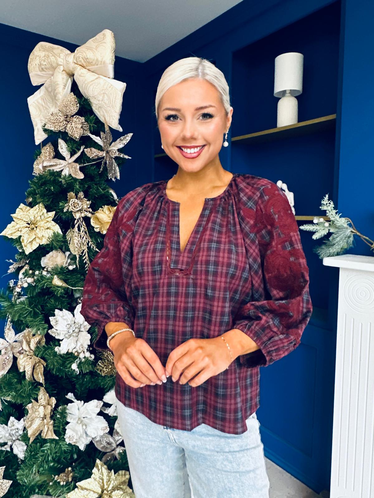 Carmel Embroidered Top Check Wine
