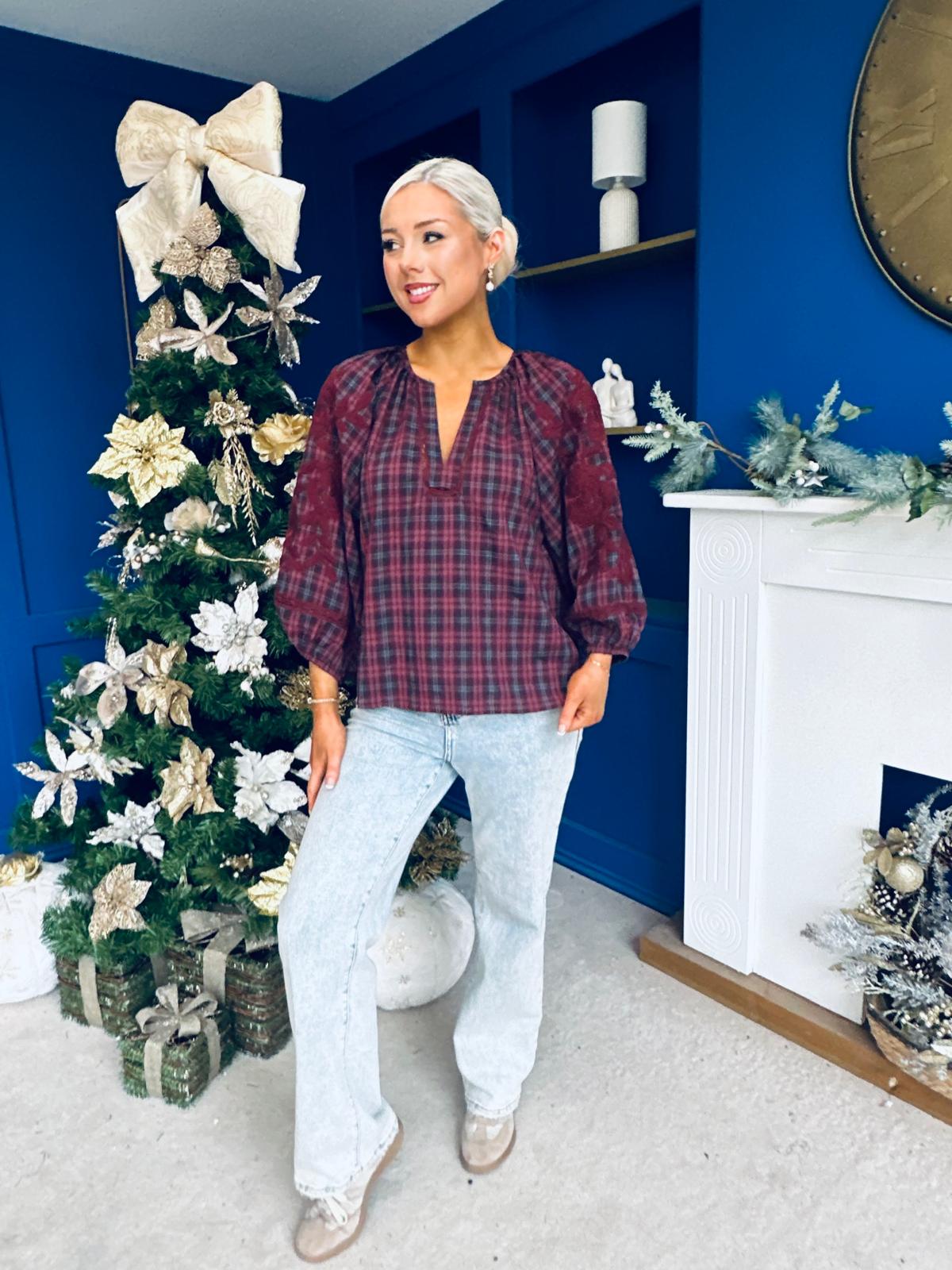 Carmel Embroidered Top Check Wine