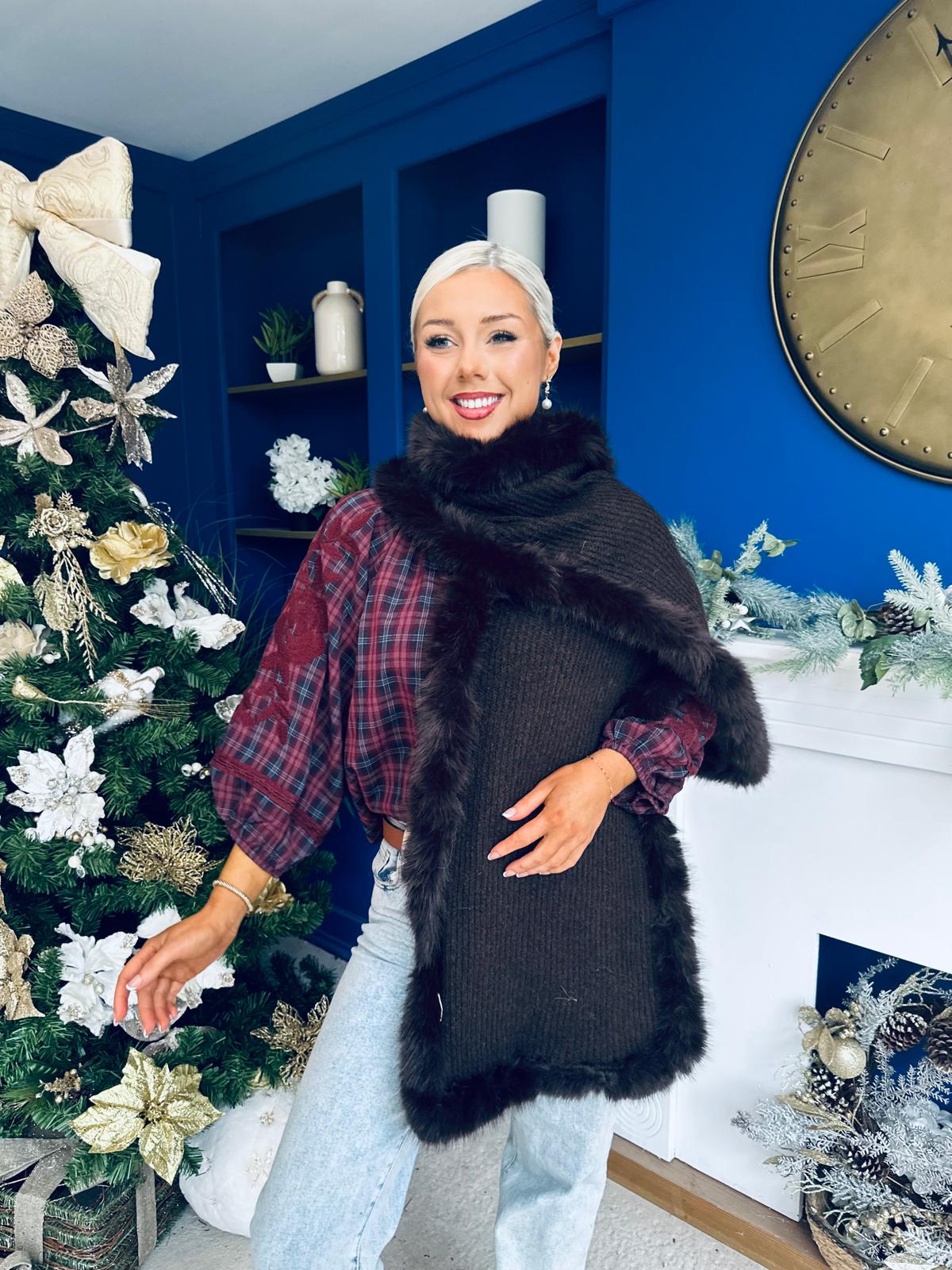 Kerri Faux Fur Trim Scarf Chocolate