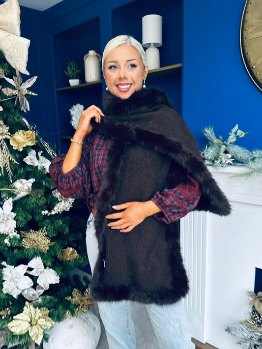 Kerri Faux Fur Trim Scarf Chocolate