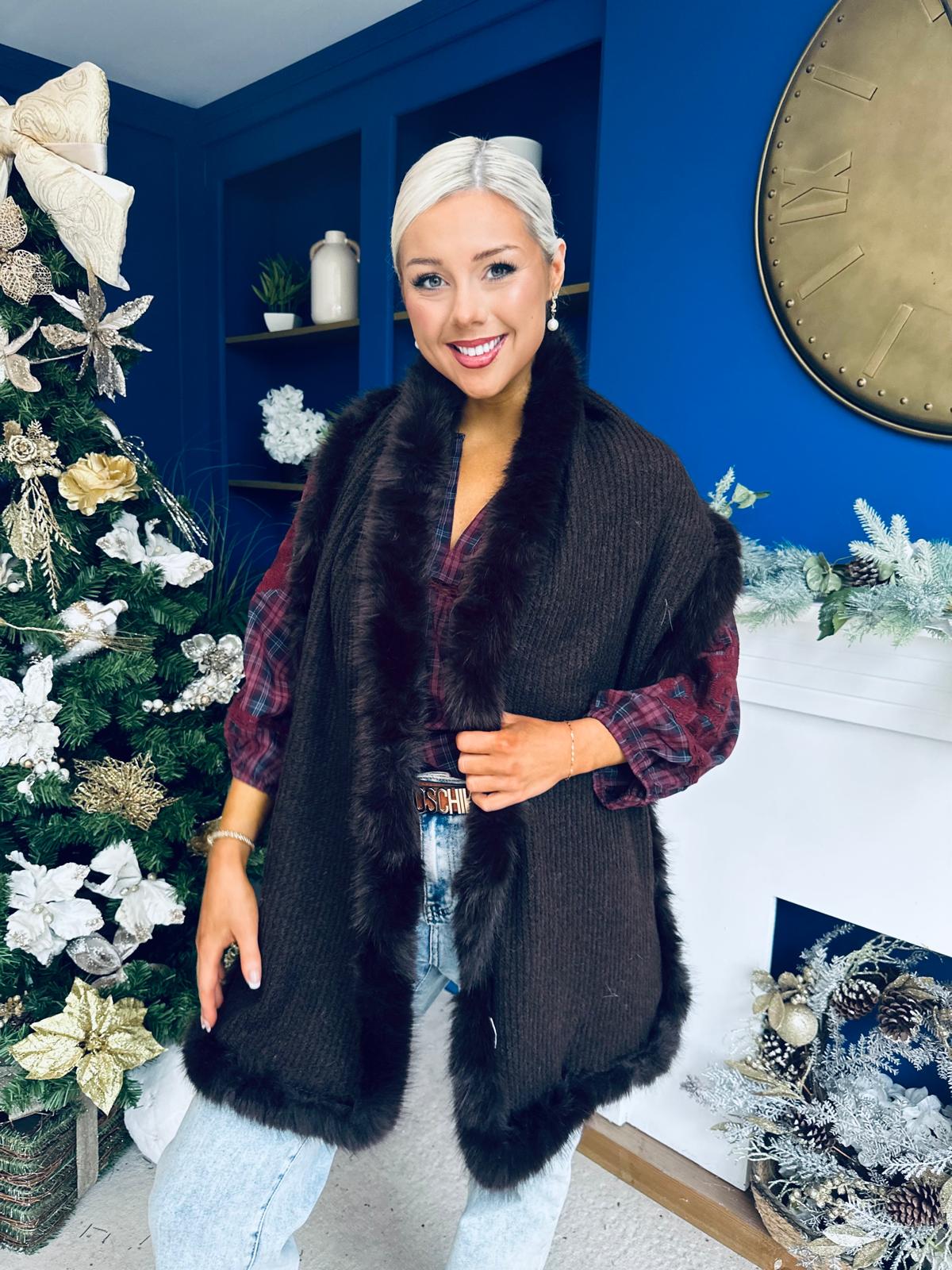 Kerri Faux Fur Trim Scarf Chocolate