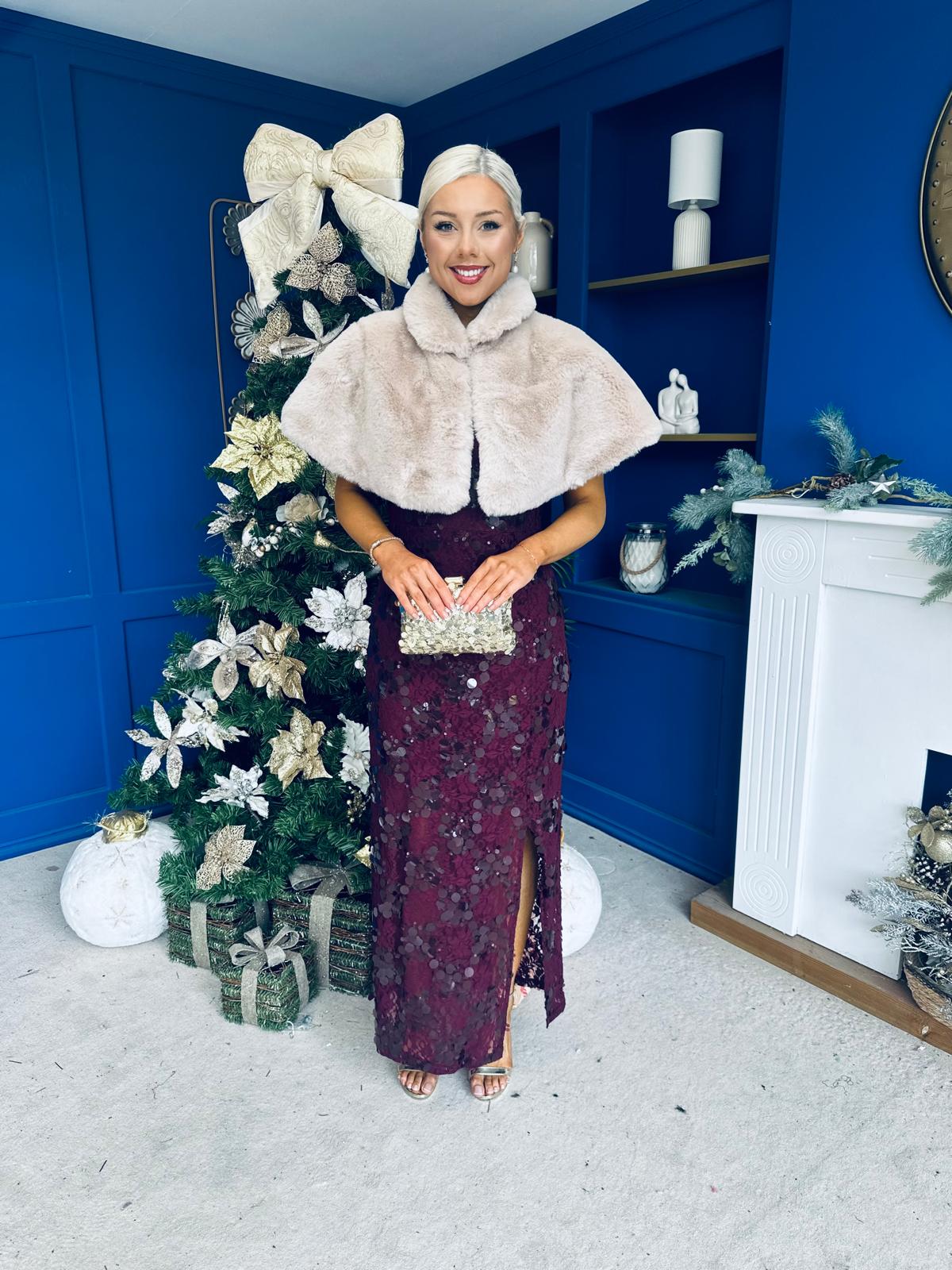 Georgie sequin Lace Split Maxi Dress Burgundy PRE ORDER Arriving 9 Oct