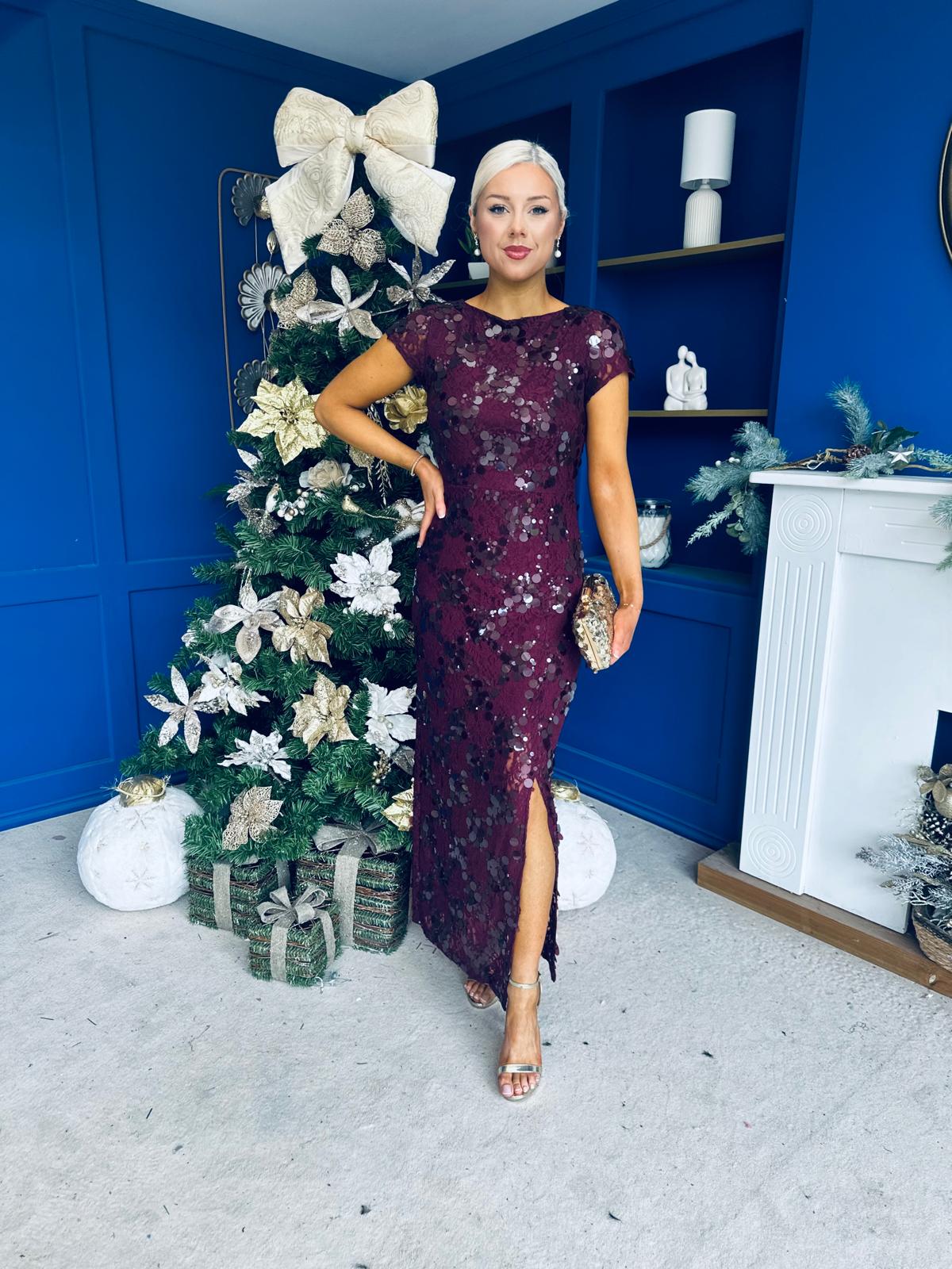Georgie sequin Lace Split Maxi Dress Burgundy PRE ORDER Arriving 9 Oct