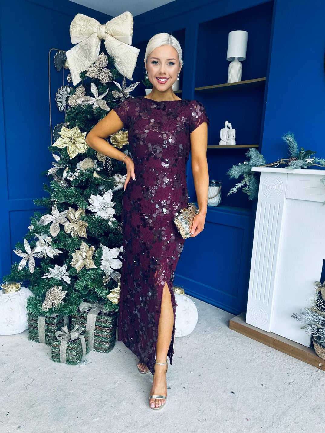 Georgie sequin Lace Split Maxi Dress Burgundy PRE ORDER Arriving 9 Oct