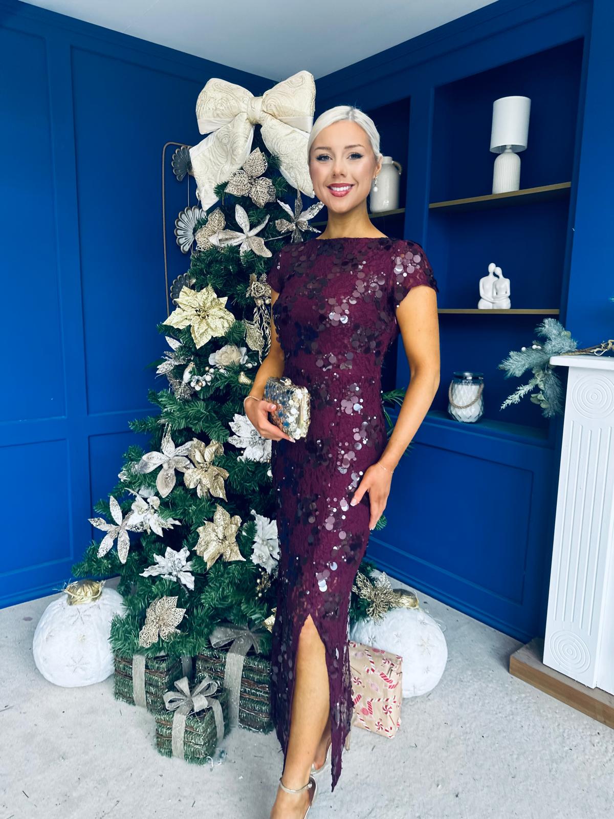 Georgie sequin Lace Split Maxi Dress Burgundy PRE ORDER Arriving 9 Oct