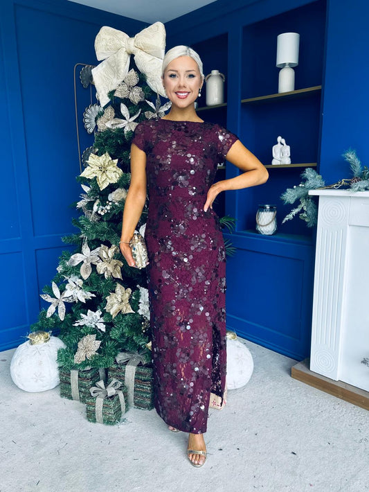 Georgie Sequin Lace Split Maxi Dress Burgundy PRE ORDER Arriving 9 Oct