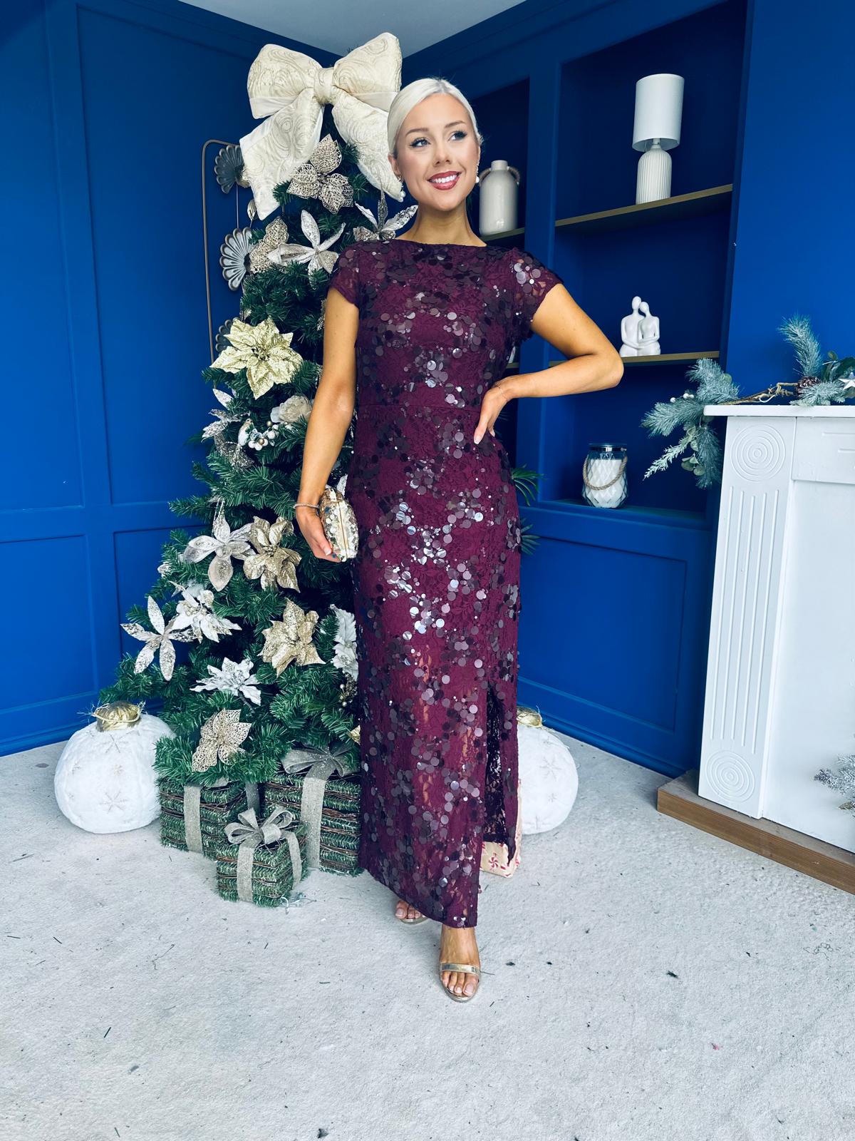 Georgie sequin Lace Split Maxi Dress Burgundy PRE ORDER Arriving 9 Oct