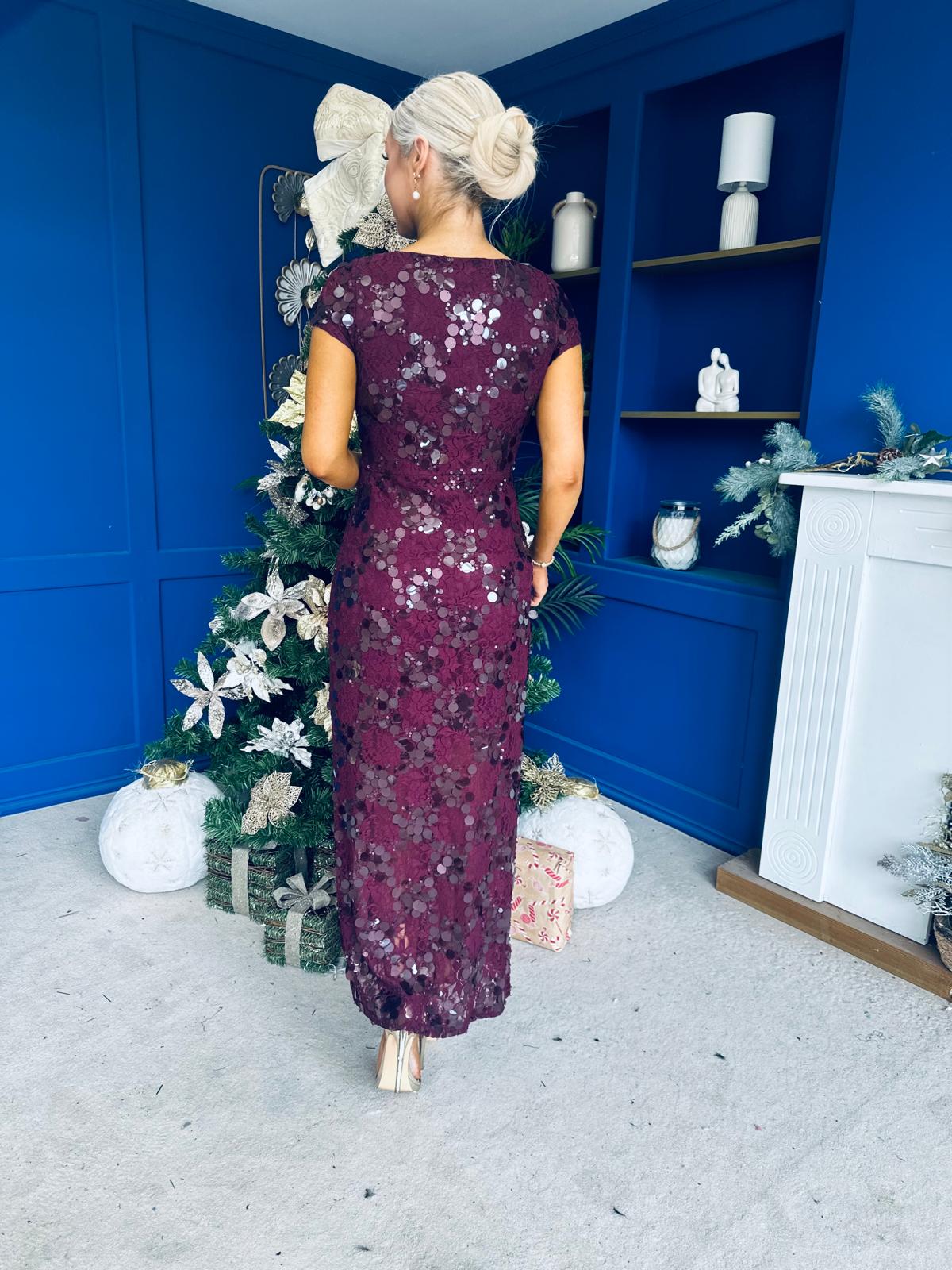 Georgie sequin Lace Split Maxi Dress Burgundy PRE ORDER Arriving 9 Oct