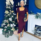 Darcie Flaired Sleeve Frill Midi Dress Burgundy