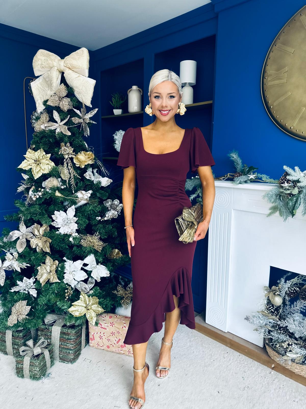 Darcie Flaired Sleeve Frill Midi Dress Burgundy