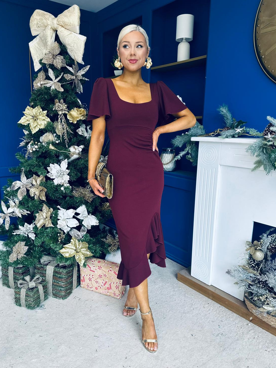 Darcie Flaired Sleeve Frill Midi Dress Burgundy