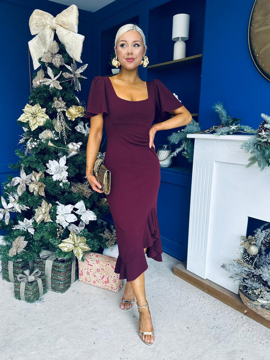 Darcie Flaired Sleeve Frill Midi Dress Burgundy