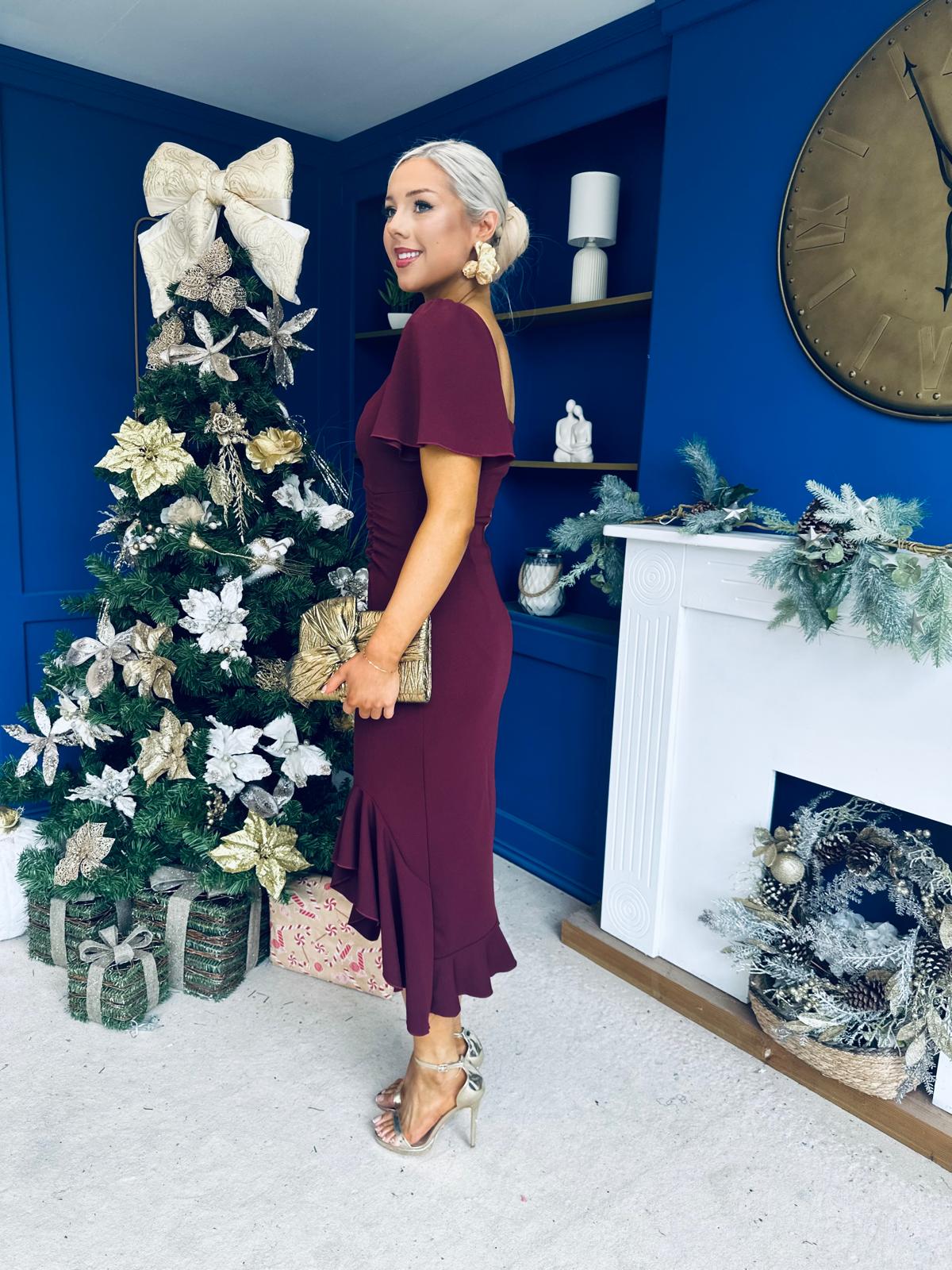 Darcie Flaired Sleeve Frill Midi Dress Burgundy