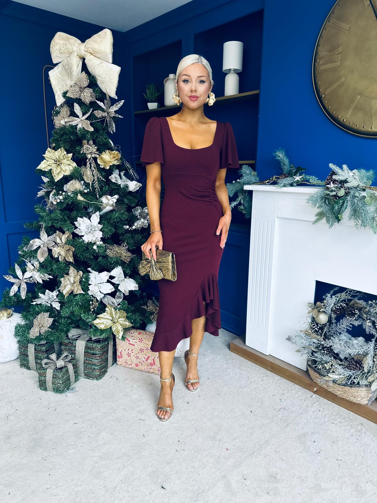 Darcie Flaired Sleeve Frill Midi Dress Burgundy