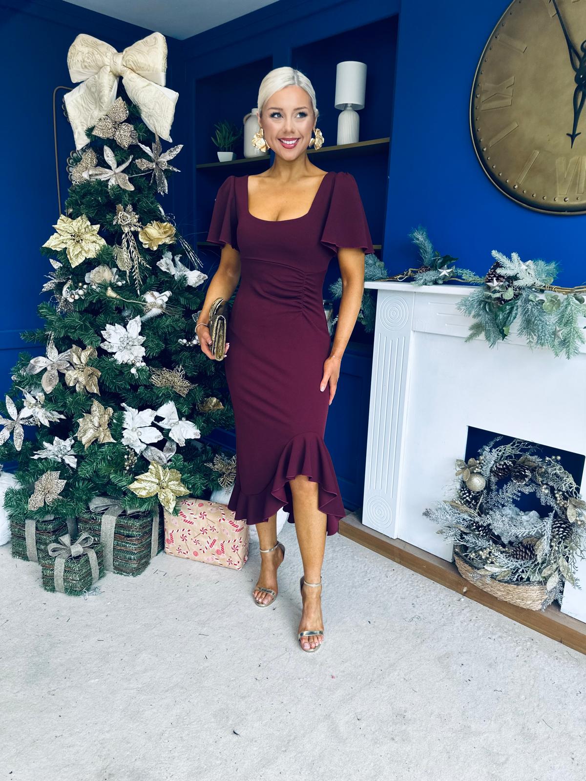 Darcie Flaired Sleeve Frill Midi Dress Burgundy