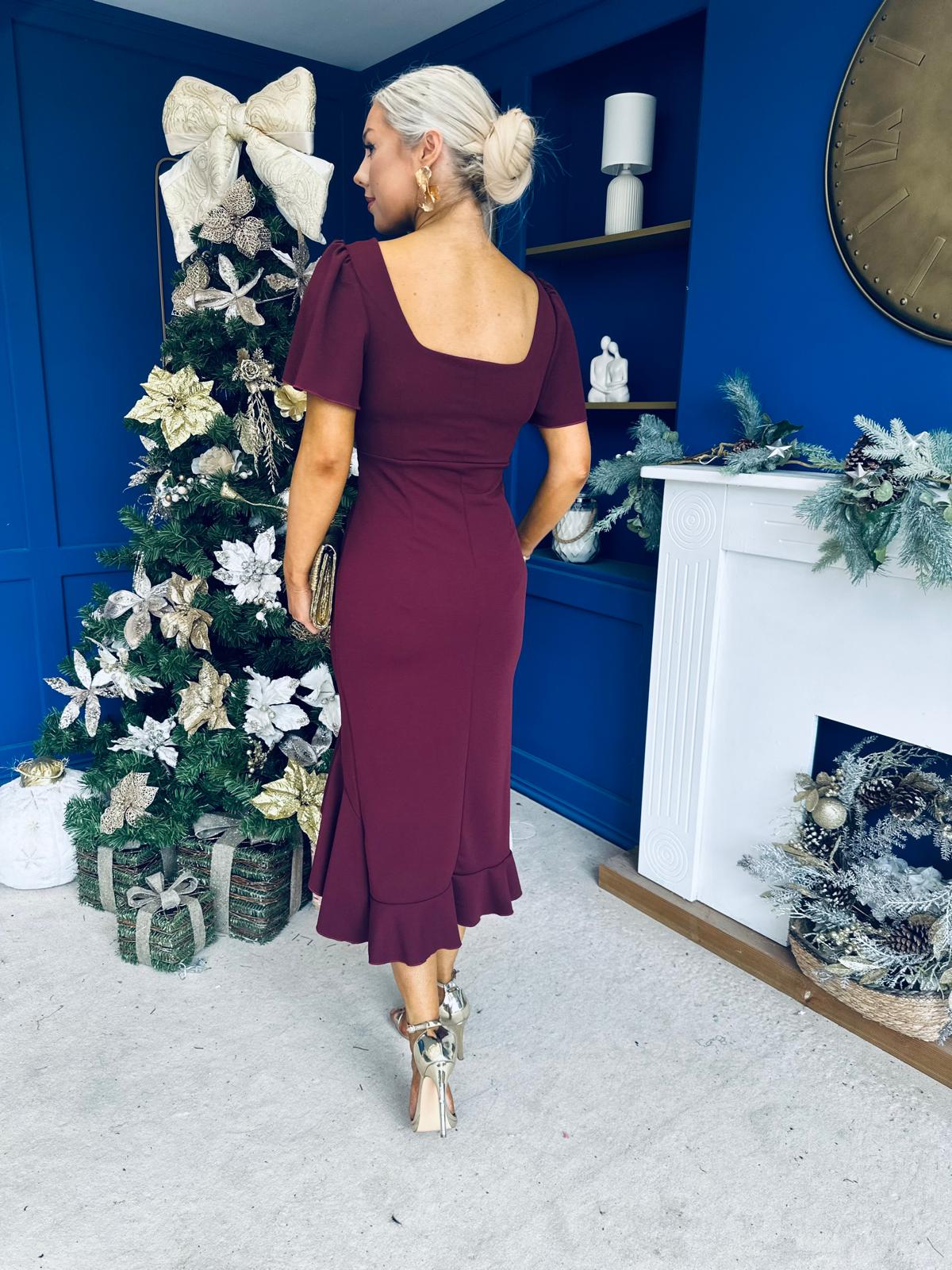 Darcie Flaired Sleeve Frill Midi Dress Burgundy