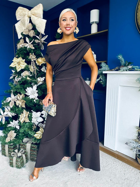 Florie Frill Wrap Maxi Dress Chocolate PRE ORDER Arriving 8 Oct