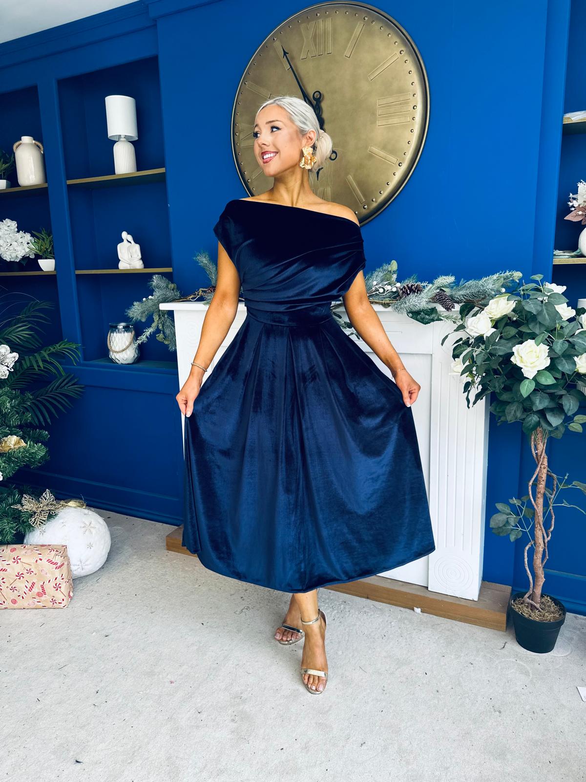 Breffy Asymmetric Neckline Skater Midi Navy Velvet