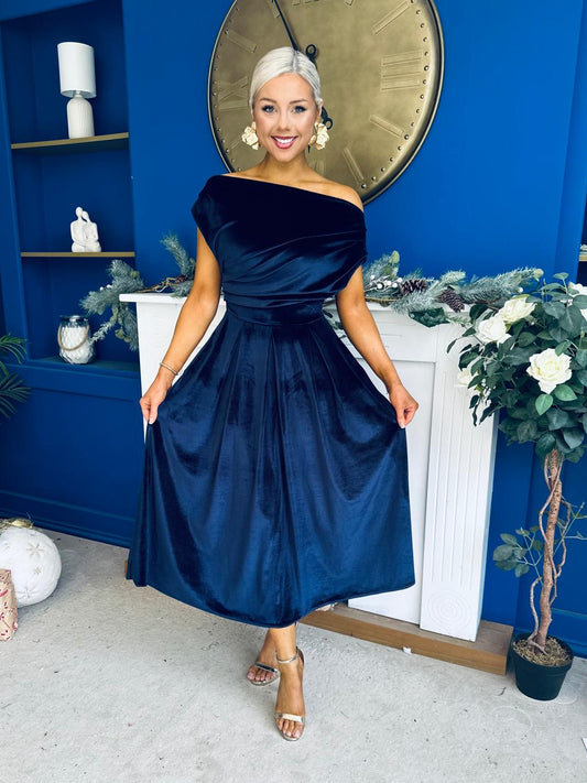 Breffy Asymmetric Neckline Skater Midi Navy Velvet