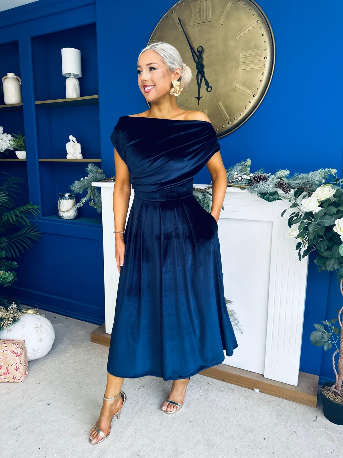 Breffy Asymmetric Neckline Skater Midi Navy Velvet