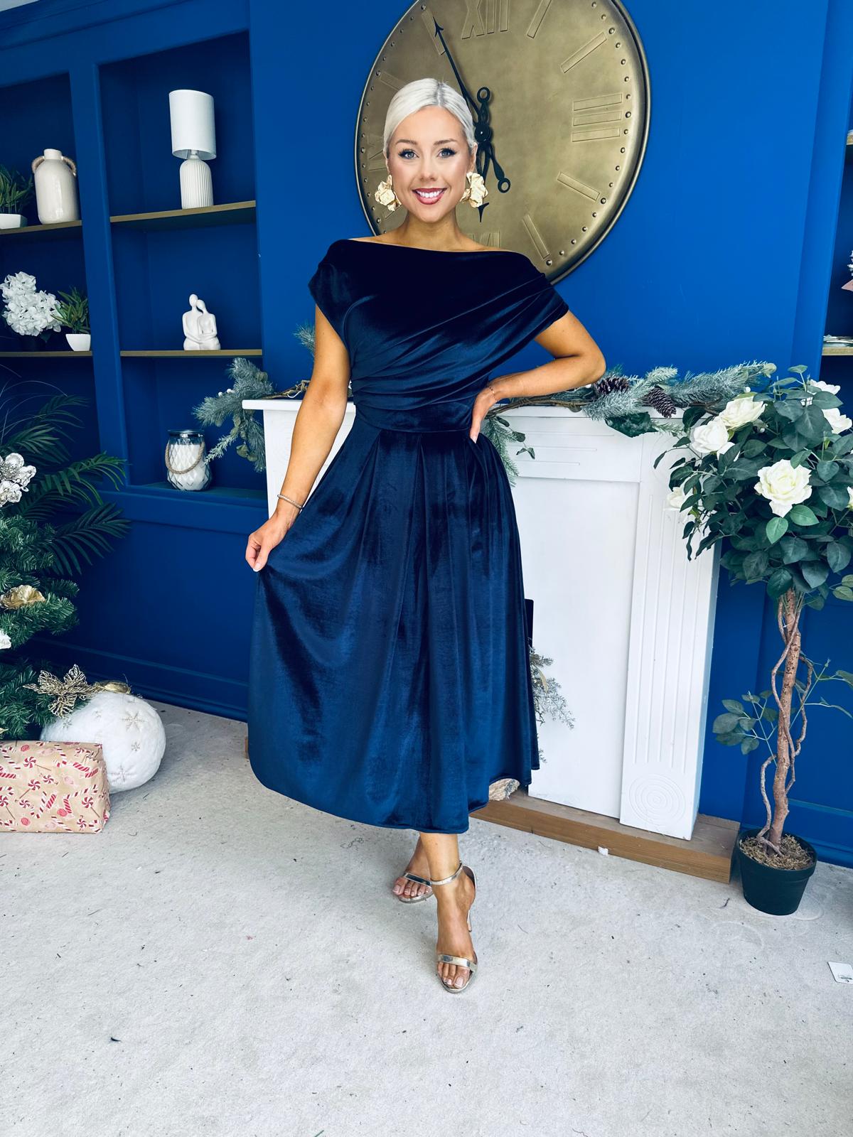 Breffy Asymmetric Neckline Skater Midi Navy Velvet