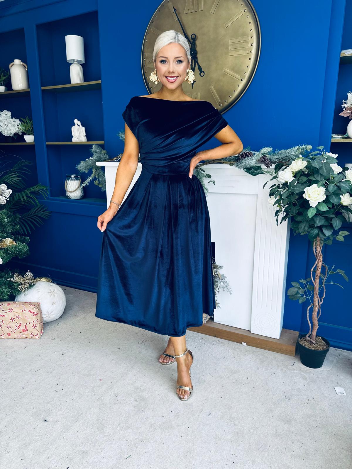 Breffy Asymmetric Neckline Skater Midi Navy Velvet