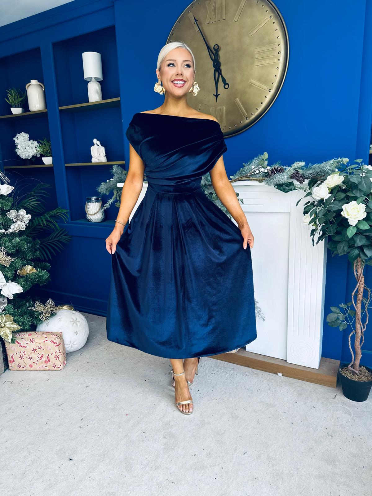 Breffy Asymmetric Neckline Skater Midi Navy Velvet