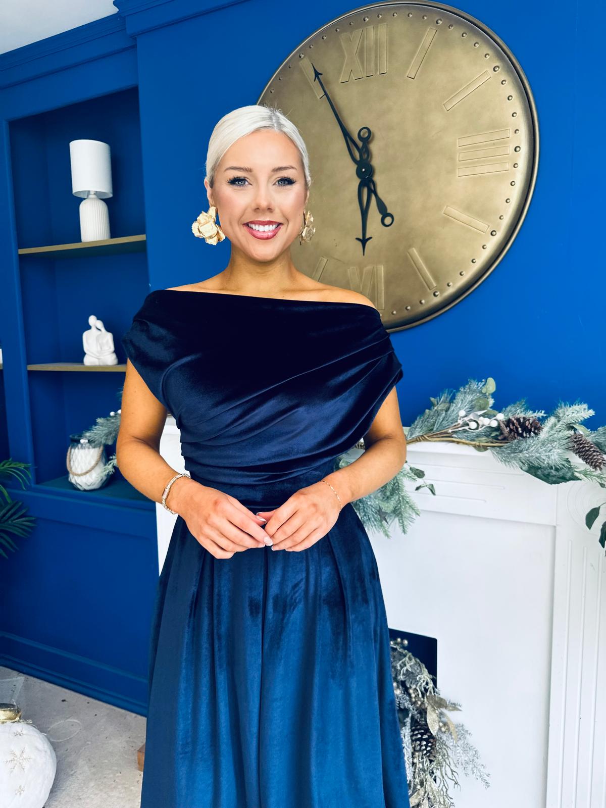 Breffy Asymmetric Neckline Skater Midi Navy Velvet