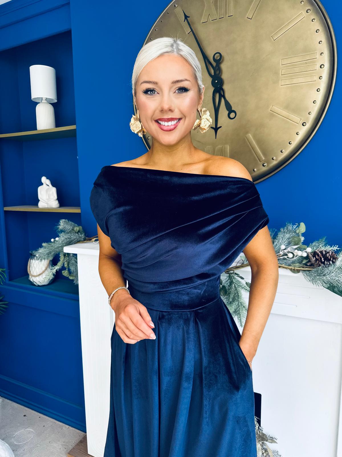 Breffy Asymmetric Neckline Skater Midi Navy Velvet