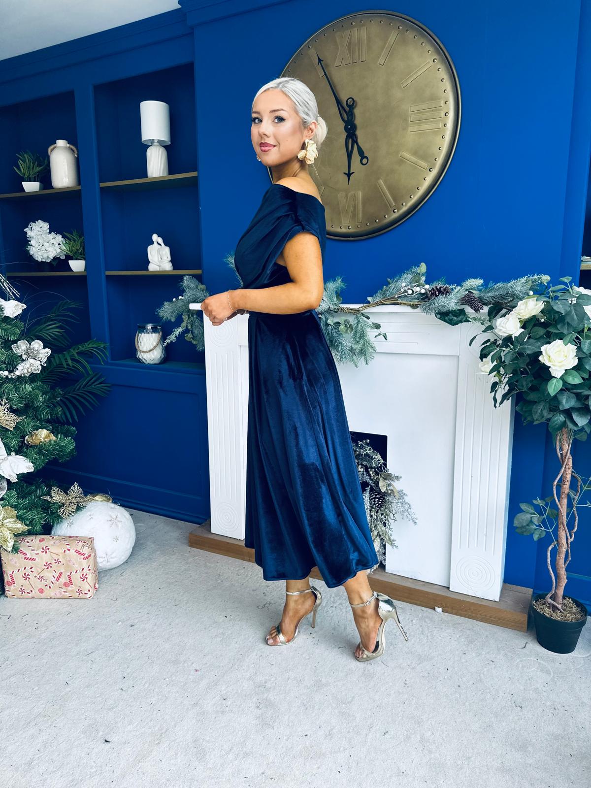 Breffy Asymmetric Neckline Skater Midi Navy Velvet