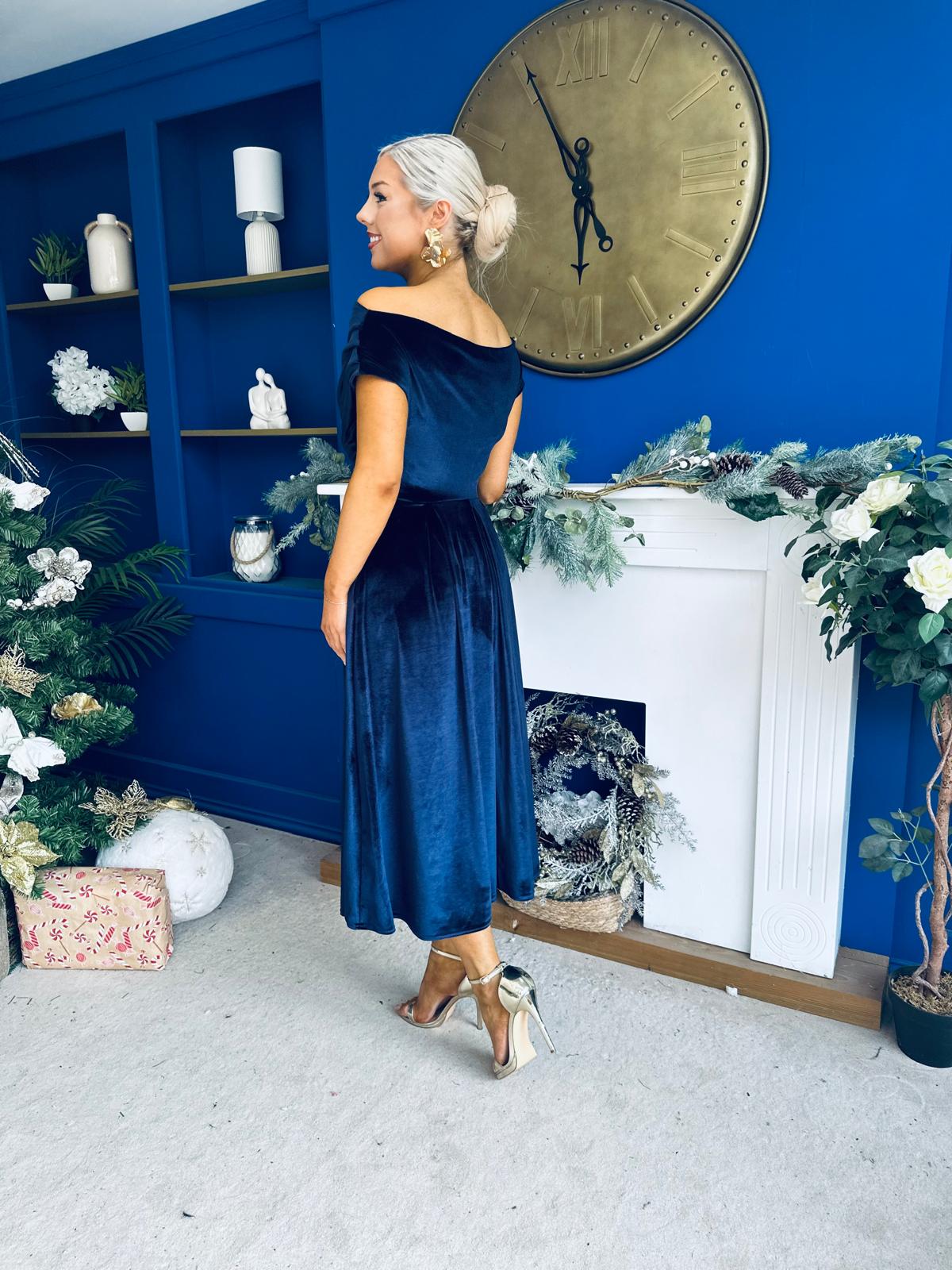 Breffy Asymmetric Neckline Skater Midi Navy Velvet