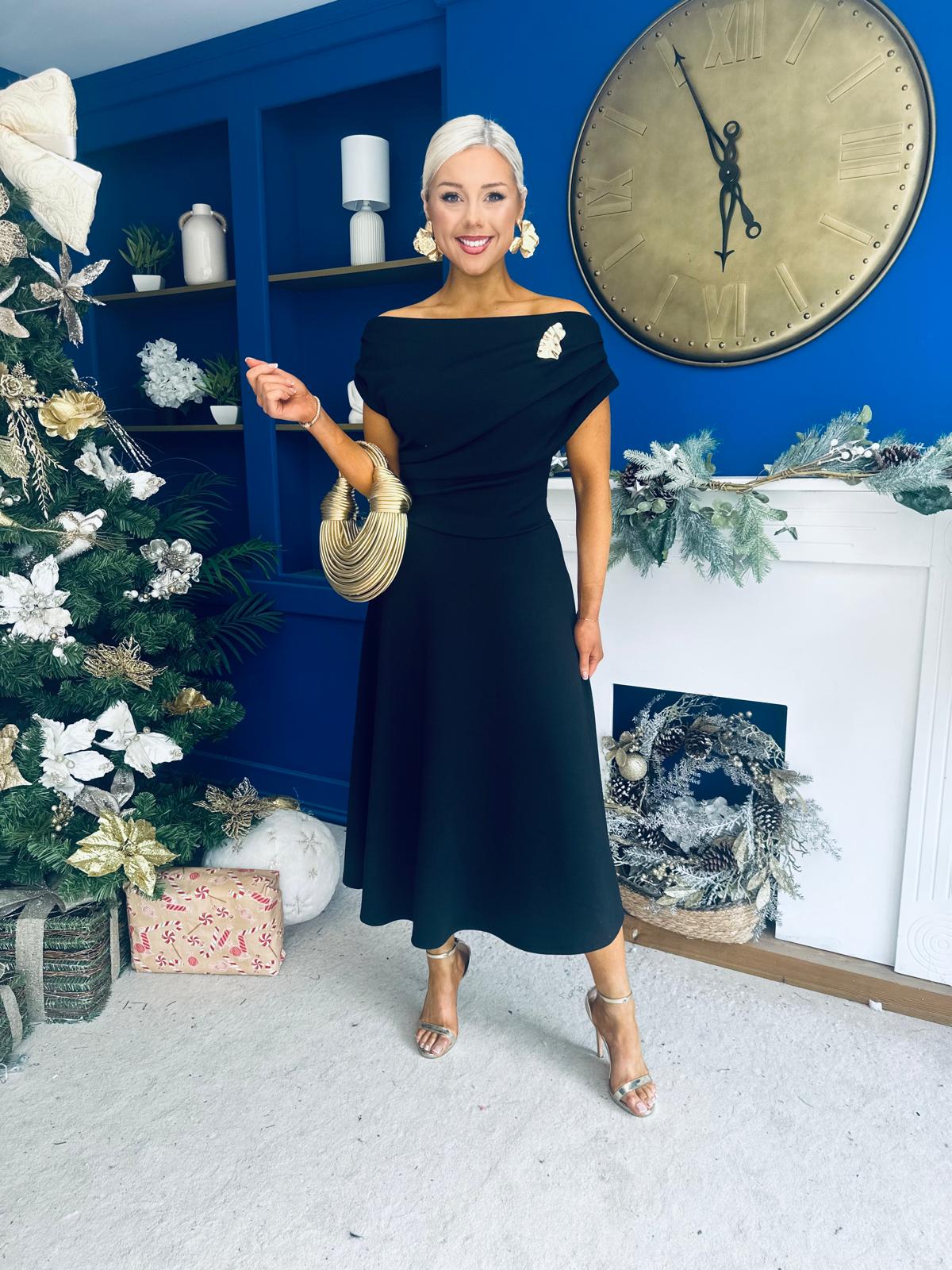 Bailey Gold Brooch Detail Midi Dress Black