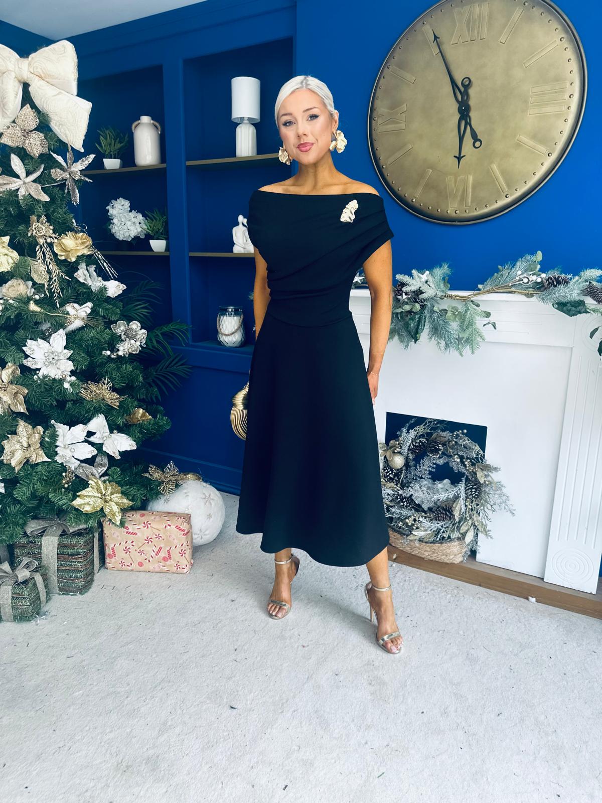 Bailey Gold Brooch Detail Midi Dress Black