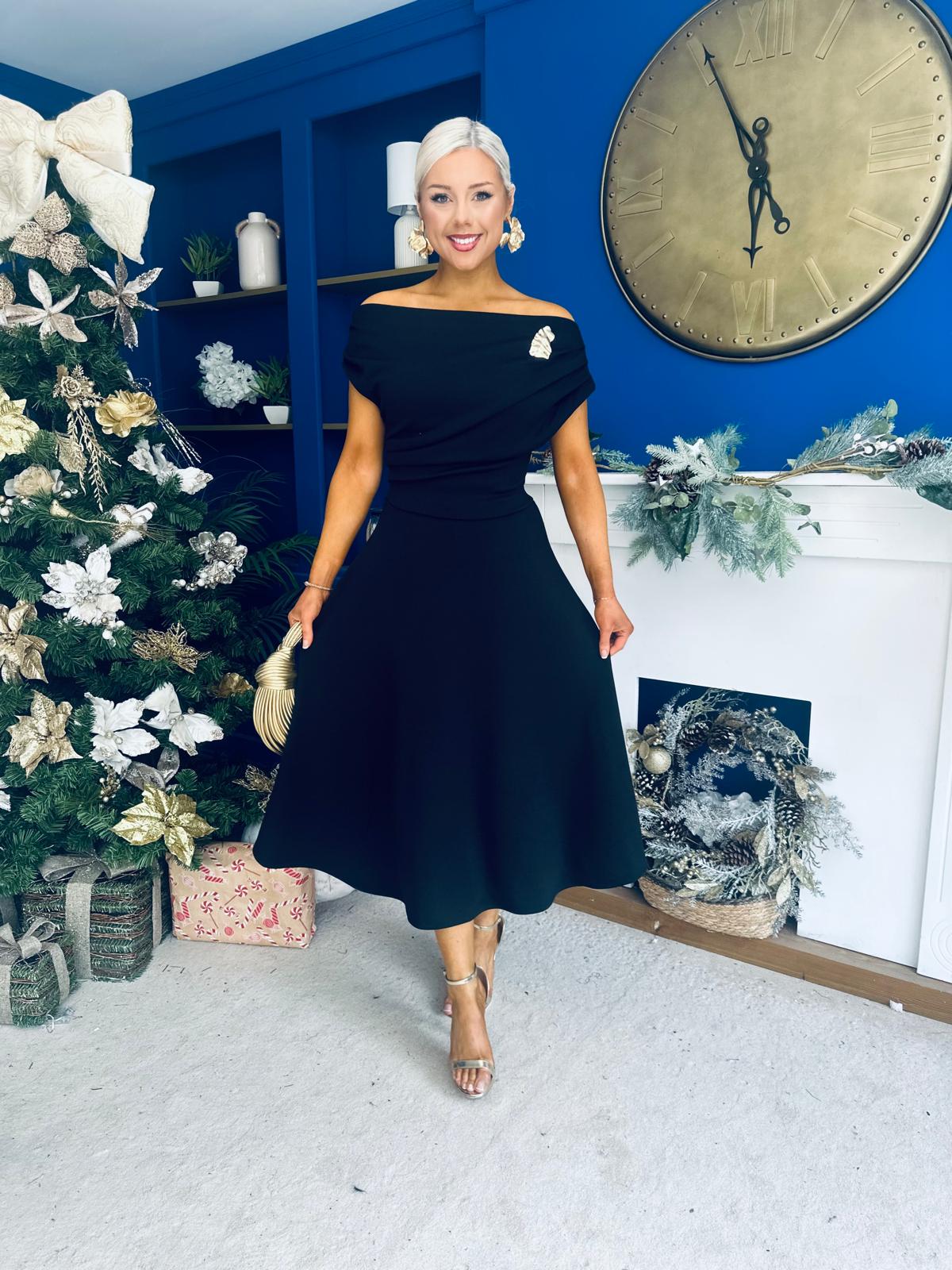 Bailey Gold Brooch Detail Midi Dress Black