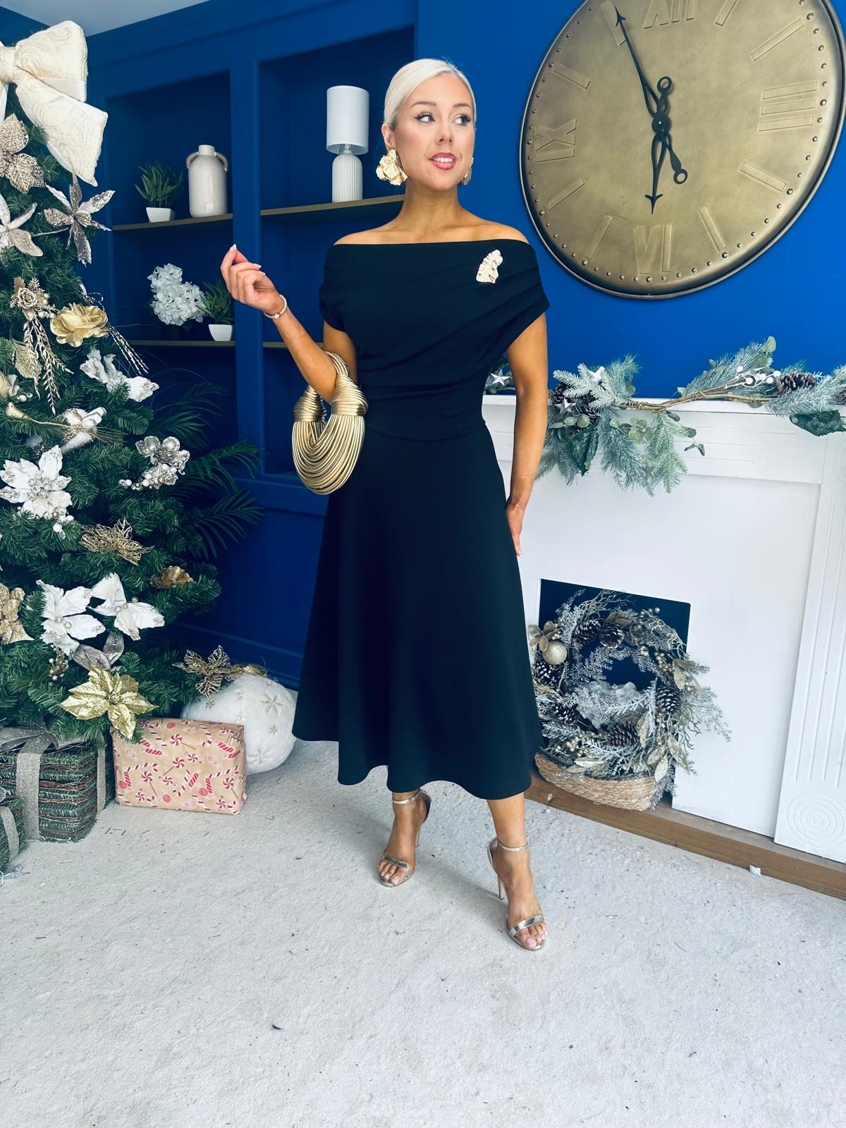 Bailey Gold Brooch Detail Midi Dress Black
