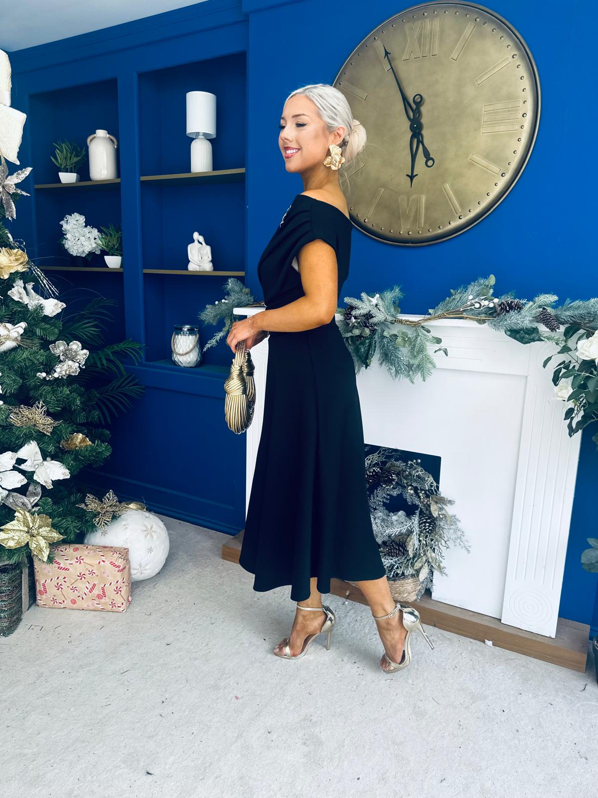 Bailey Gold Brooch Detail Midi Dress Black