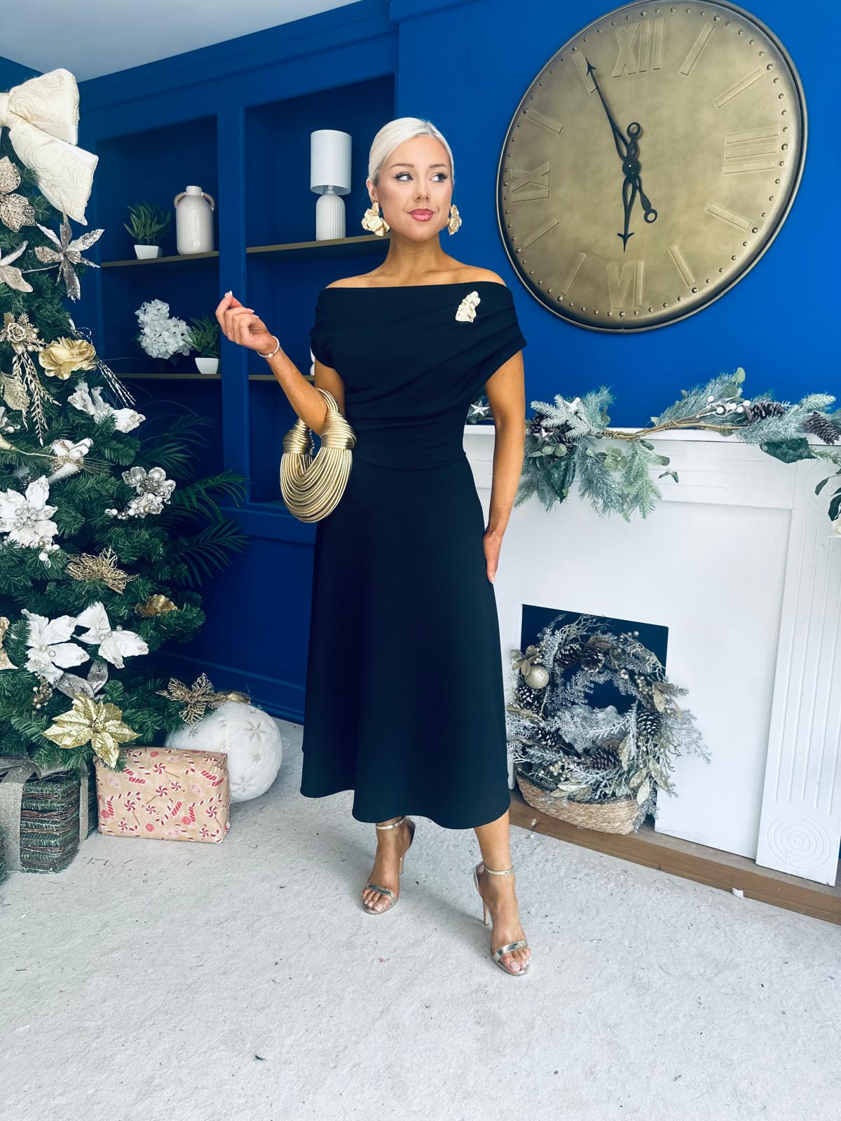 Bailey Gold Brooch Detail Midi Dress Black