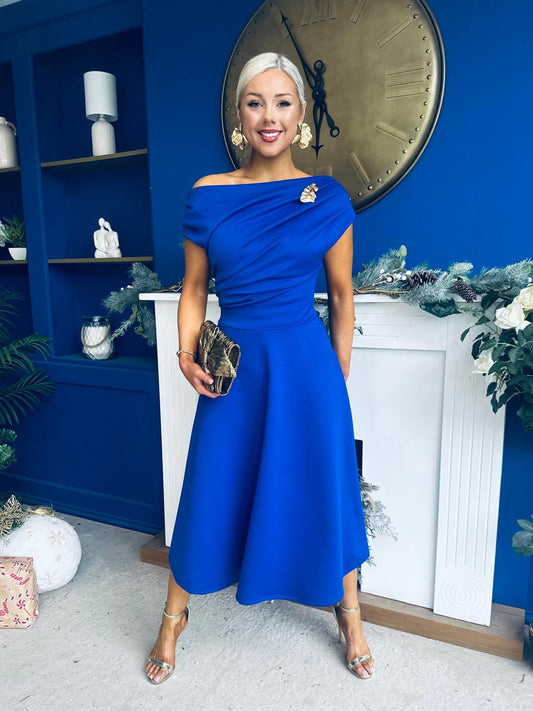 Bailey Gold Brooch Detail Midi Dress Cobalt