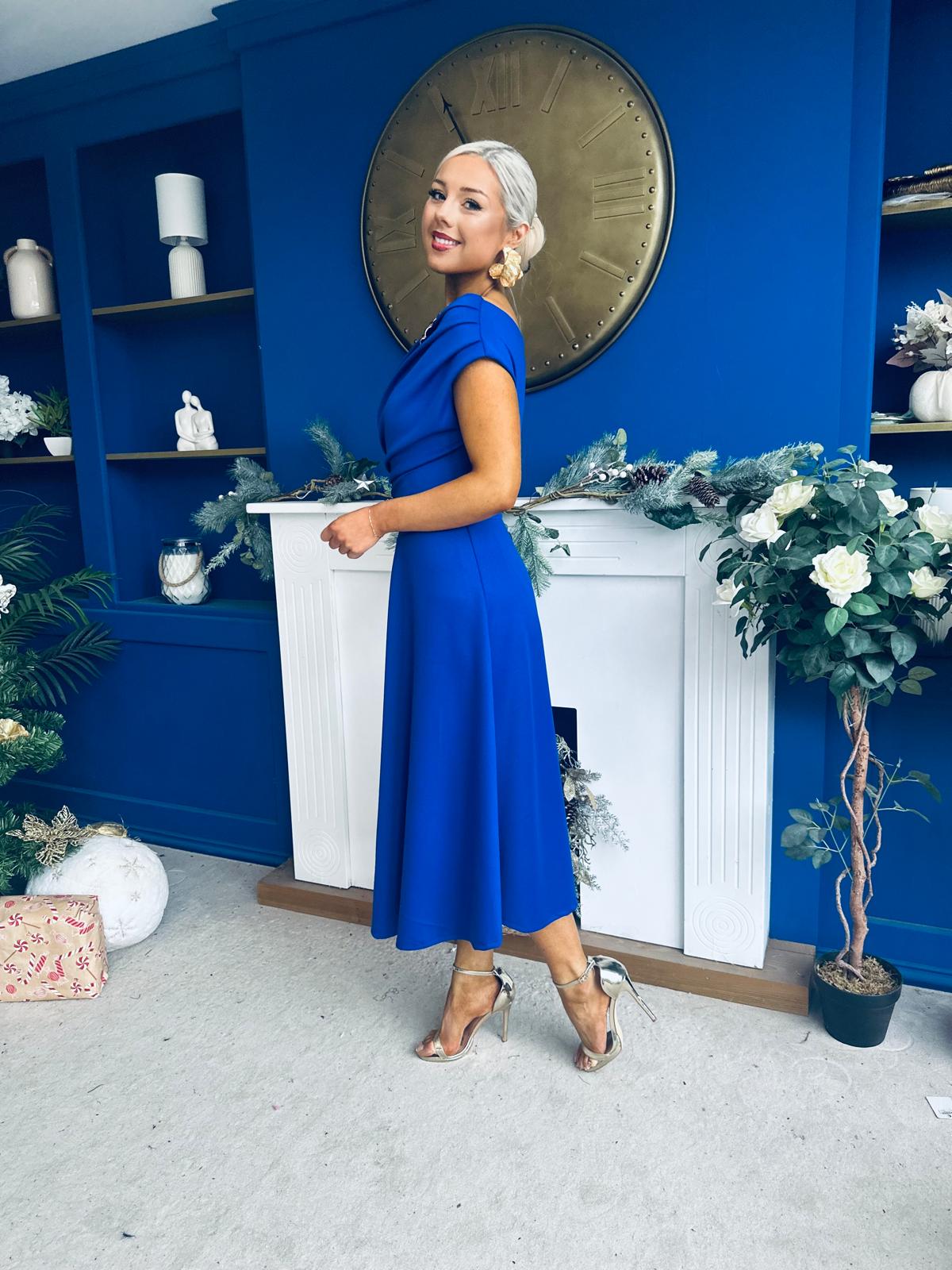 Bailey Gold Brooch Detail Midi Dress Cobalt