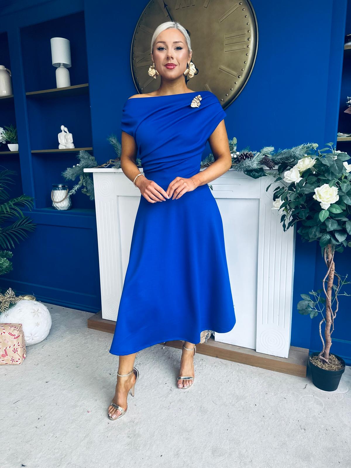 Bailey Gold Brooch Detail Midi Dress Cobalt
