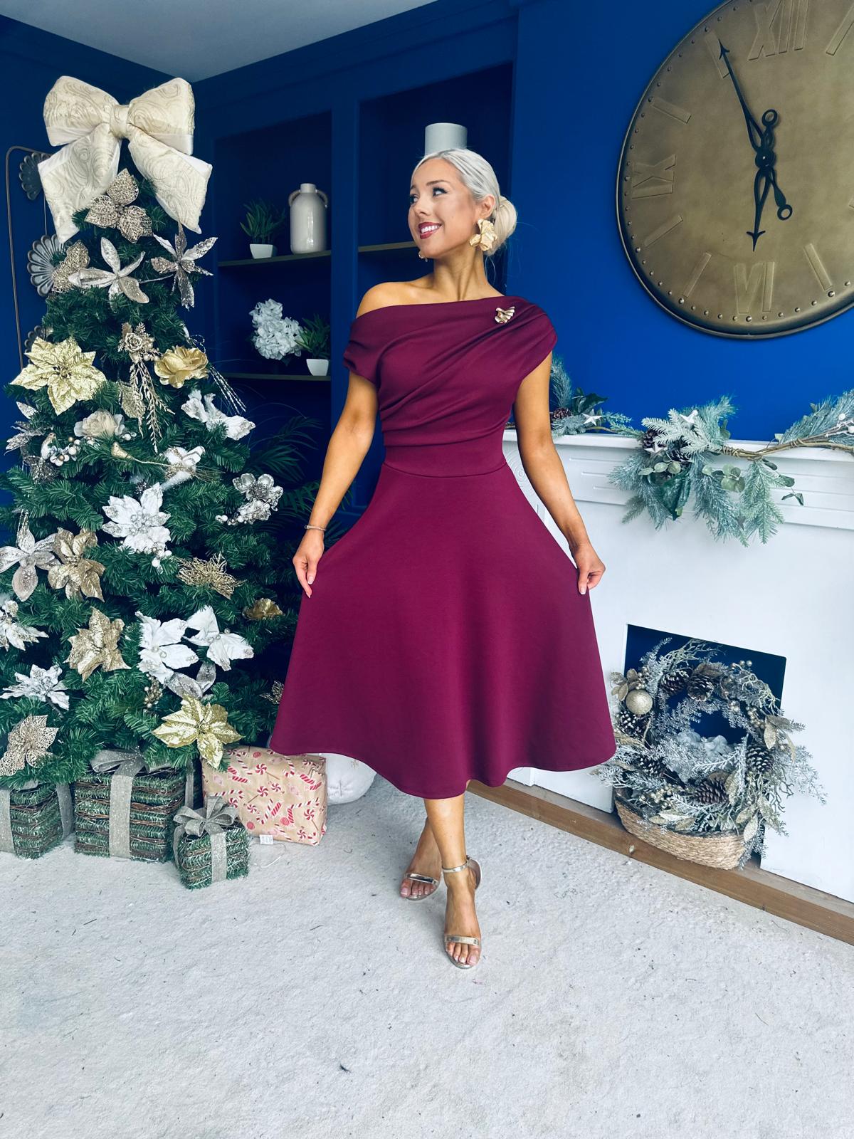 Bailey Gold Brooch Detail Midi Dress Wine